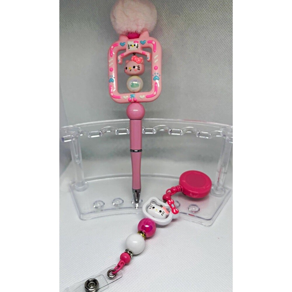 Cute Hello Kitty Inspired Pen & Matching Badge Reel Set – Pink Kawaii
